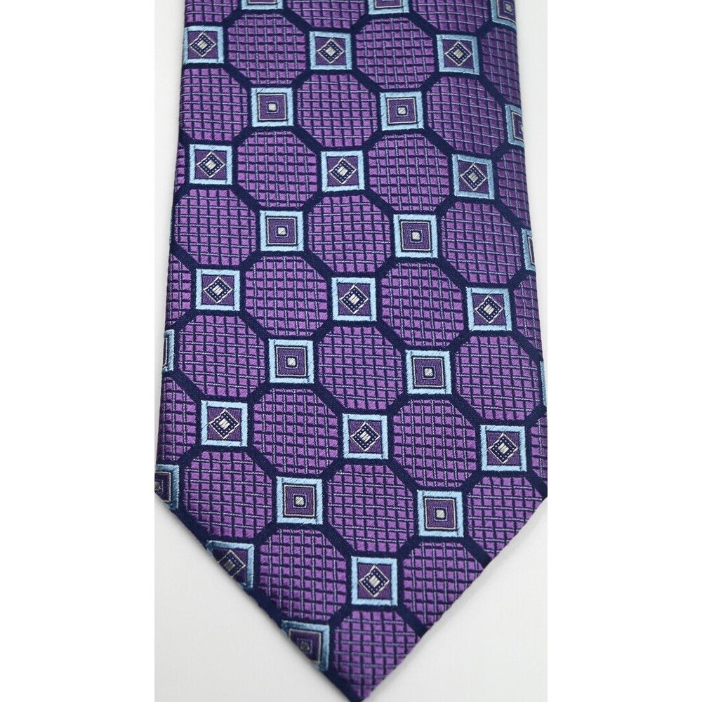 NEW $275 Ermenegildo Zegna Purple With Light Blue Squares Satin Silk Tie 3.5x61